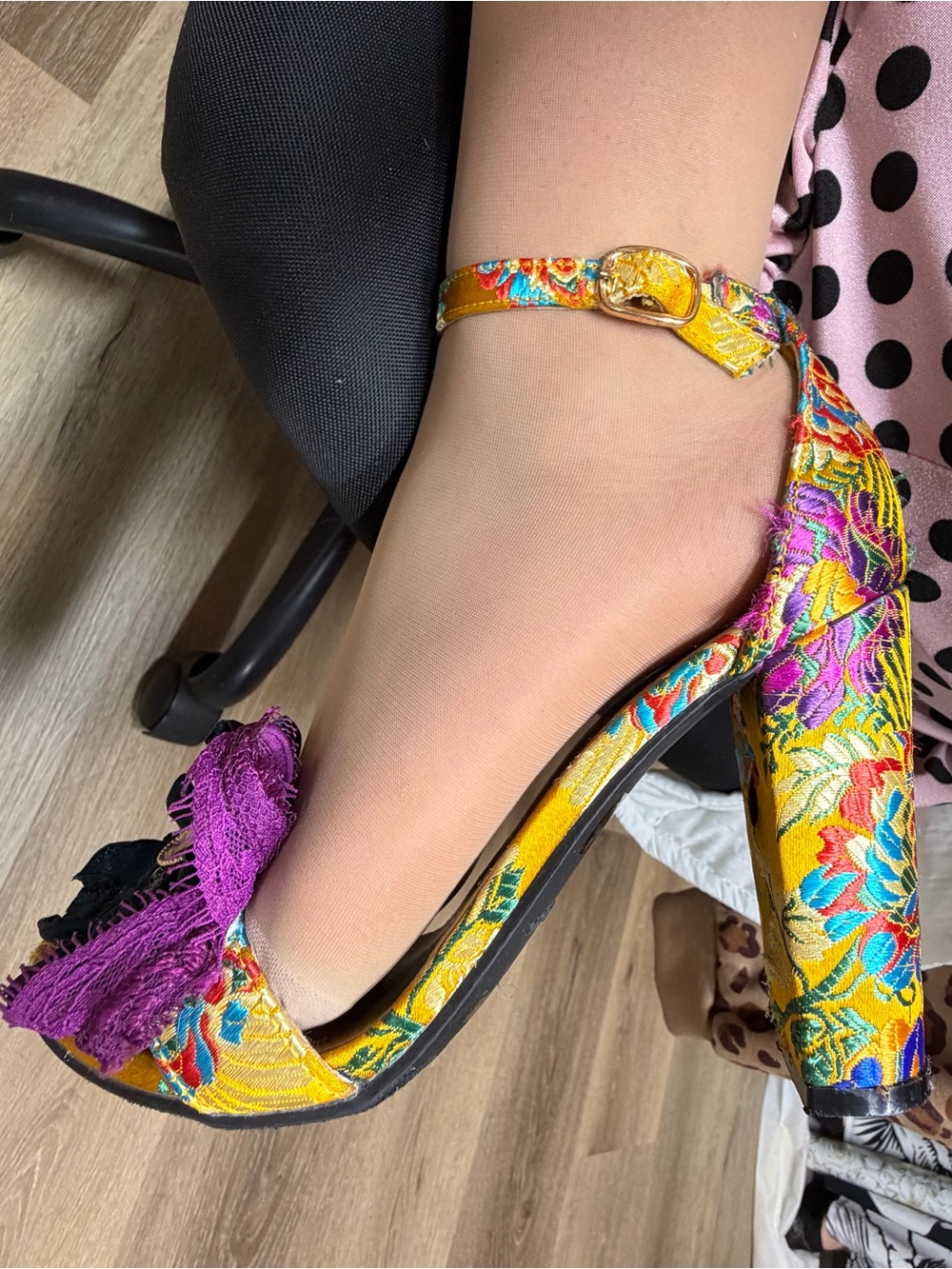 Yellow Floral Embroidered Block Heel Sandals with Ankle Strap